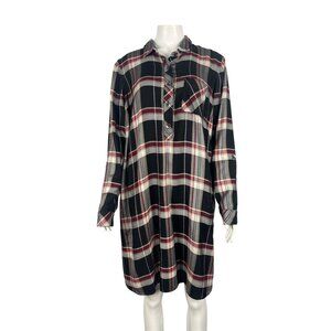 J Jill Plaid Shirt Dress Medium Long Roll Tab Sleeves Pockets Collared Button Up
